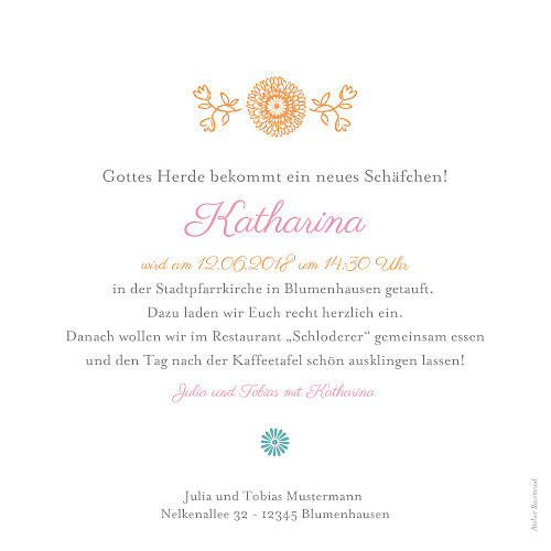 Taufeinladungen Blumentanz rosa - Rückseite Taufeinladungen Blumentanz rosa - Rückseite