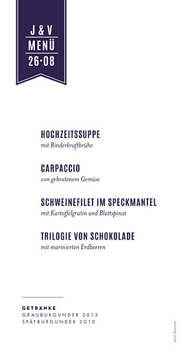 Menükarte Hochzeit Anzeige Sand & Blau-Violett - Rückseite
