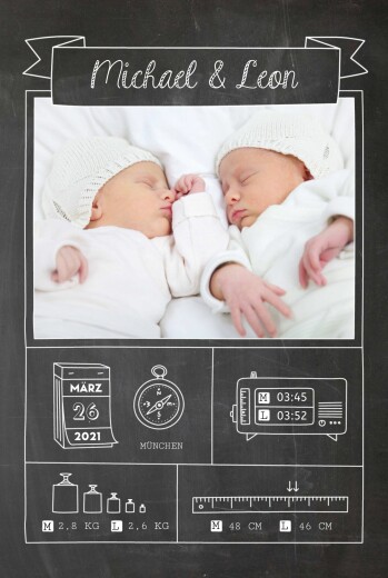 Geburtskarten Kleinkram Tafel Zwillinge Schwarz - Vorderseite