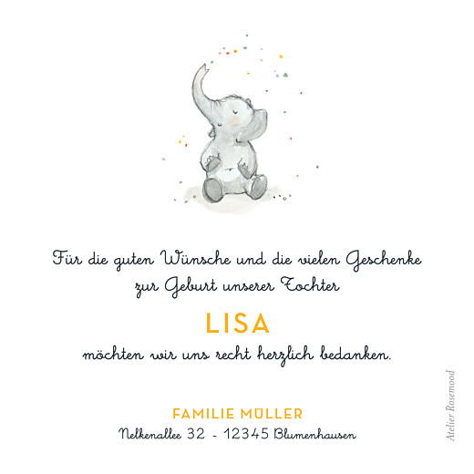 Dankeskarten Kleiner Elefant Gelb - Rückseite Dankeskarten Kleiner Elefant Gelb - Rückseite