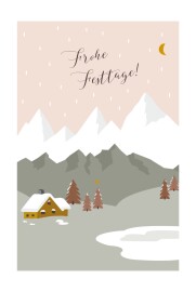 Weihnachtskarten Berghütte rosa