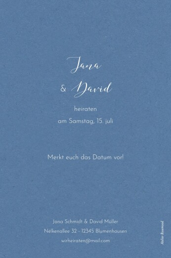 Save-the-Date Karten Zweige Aquarell Blau - Rückseite Save-the-Date Karten Zweige Aquarell Blau - Rückseite