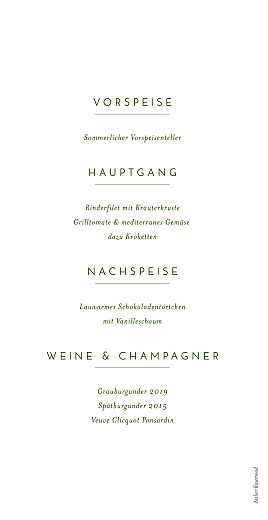 Menükarte Hochzeit Kalligraphie Grün - Rückseite Menükarte Hochzeit Kalligraphie Grün - Rückseite