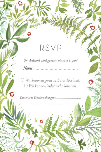 Antwortkarte Hochzeit Waldgeflüster (Hoch) Grün - Vorderseite