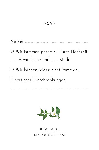 Antwortkarte Hochzeit Blumenbuchstaben (Hoch) Weiß - Rückseite Antwortkarte Hochzeit Blumenbuchstaben (Hoch) Weiß - Rückseite