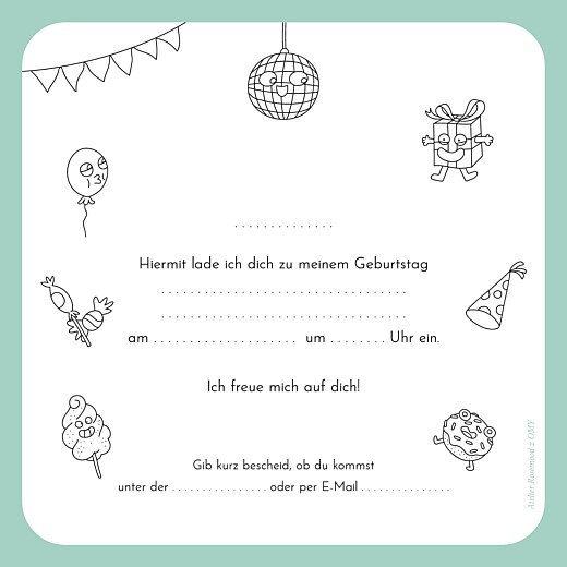 Einladungskarten Kindergeburtstag Zum Ausmalen! by OMY Weiß - Rückseite
