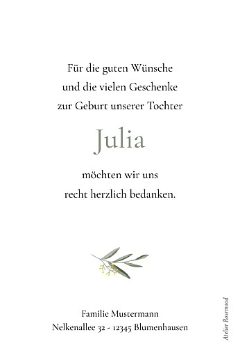 Dankeskarten Kleines Täubchen Blau - Rückseite Dankeskarten Kleines Täubchen Blau - Rückseite